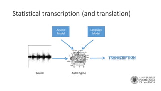 Statistical transcription (and translation)
Acustic
Model
Language
Model
Sound ASR Engine
 