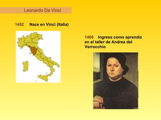 Leonardo Da Vinci 1452   Nace en Vinci (Italia)  1466  Ingresa como aprendiz en el taller de Andrea del Verrocchio  