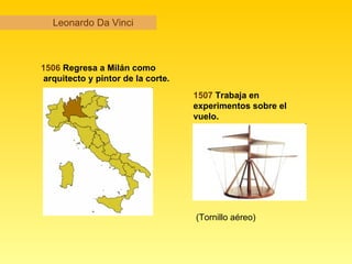 Leonardo Da Vinci 1506  Regresa a Milán como arquitecto y pintor de la corte. 1507  Trabaja en experimentos sobre el vuelo. (Tornillo aéreo) 