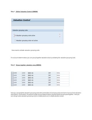 Step 1 : Define Valuation Control (OMWM)
Here need to activate valuation grouping code.
For account determination,you can group together valuation area by activating the valuation grouping code.
Step 2 : Group together valuation area.(OMWD)
here you assigned the valuation grouping code with combination ofcompanycode and chart of accountand valuation
area (plant) combination.Ifsuppose similar accountdetermination required plants are grouped together , here you
can assign same valuation grouping code to multiple plants (or) multiple valuation areas.
 