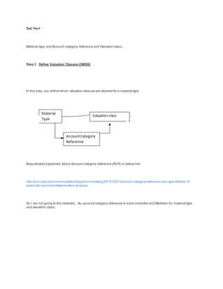 2nd Part :
Material type and Account category reference and Valuation class.
Step 3 : Define Valuation Classes.(OMSK)
In this step, you define which valuation classes are allowed for a material type.
Bijay already explained about Account category reference (ACR) in below link
http://scn.sap.com/community/erp/logistics-mm/blog/2013/10/31/account-category-reference-acr--grandfather-of-
automatic-account-determination-process
So I am not going to this detailed.. As accountcategory reference is main controller and Mediator for material type
and valuation class.
 