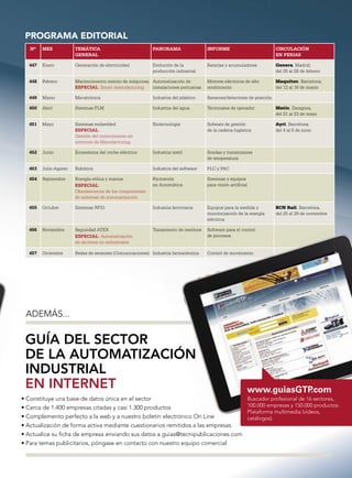 PROGRAMA EDITORIAL
   Nº   MES            TEMÁTICA                           PANORAMA                  INFORME                            CIRCULACIÓN
                       GENERAL                                                                                         EN FERIAS

  447   Enero          Generación de electricidad         Evolución de la           Baterías y acumuladores            Genera, Madrid,
                                                          producción industrial                                        del 25 al 28 de febrero

  448   Febrero        Mantenimiento remoto de máquinas Automatización de           Motores eléctricos de alto         Maquitec, Barcelona,
                       ESPECIAL: Smart manufacturing    instalaciones portuarias    rendimiento                        del 12 al 16 de marzo

  449   Marzo          Mecatrónica                        Industria del plástico    Sensores/detectores de posición

  450   Abril          Sistemas PLM                       Industria del agua        Terminales de operador             Matic, Zaragoza,
                                                                                                                       del 21 al 23 de mayo

  451   Mayo           Sistemas embedded                  Biotecnología             Sofware de gestión                 Ayri, Barcelona,
                       ESPECIAL:                                                    de la cadena logística             del 4 al 6 de junio
                       Gestión del conocimiento en
                       entornos de Manufacturing

  452   Junio          Ecosistema del coche eléctrico     Industria textil          Sondas y transmisores
                                                                                    de temperatura

  453   Julio-Agosto   Robótica                           Industria del software    PLC y PAC

  454   Septiembre     Energía eólica y marina            Formación                 Sistemas y equipos
                       ESPECIAL:                          en Automática             para visión artiﬁcial
                       Obsolescencia de los componentes
                       de sistemas de automatización

  455   Octubre        Sistemas RFID                      Industria ferroviaria     Equipos para la medida y           BCN Rail, Barcelona,
                                                                                    monitorización de la energía       del 25 al 29 de noviembre
                                                                                    eléctrica

  456   Noviembre      Seguridad ATEX                     Tratamiento de residuos   Software para el control
                       ESPECIAL: Automatización                                     de procesos
                       en sectores no industriales

  457   Diciembre      Redes de sensores (Comunicaciones) Industria farmacéutica    Control de movimiento




 ADEMÁS...


 GUÍA DEL SECTOR
 DE LA AUTOMATIZACIÓN
 INDUSTRIAL
 EN INTERNET                                                                                            www.guiasGTP.com
• Constituye una base de datos única en el sector                                                           Buscador profesional de 16 sectores,
• Cerca de 1.400 empresas citadas y casi 1.300 productos                                                    100.000 empresas y 150.000 productos.
                                                                                                            Plataforma multimedia (vídeos,
• Complemento perfecto a la web y a nuestro boletín electrónico On Line                                     catálogos).
• Actualización de forma activa mediante cuestionarios remitidos a las empresas
• Actualice su ﬁcha de empresa enviando sus datos a guias@tecnipublicaciones.com
• Para temas publicitarios, póngase en contacto con nuestro equipo comercial
 