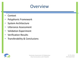 Overview Context Polyphonic Framework System Architecture Utterance Assessment Validation Experiment Verification Results Transferability & Conclusions 
