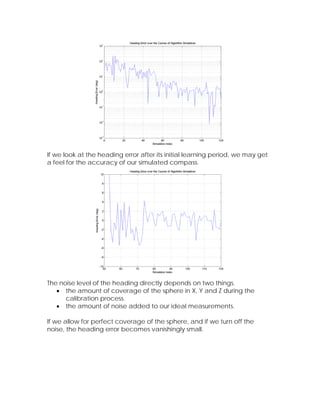 If we look at the heading error after its initial learning period, we may get
a feel for the accuracy of our simulated compass.




The noise level of the heading directly depends on two things.
   • the amount of coverage of the sphere in X, Y and Z during the
      calibration process.
   • the amount of noise added to our ideal measurements.

If we allow for perfect coverage of the sphere, and if we turn off the
noise, the heading error becomes vanishingly small.
 