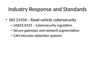 Industry Response and Standards
• ISO 21434 – Road vehicle cybersecurity
– UNECE R155 – Cybersecurity regulation
– Secure gateways and network segmentation
– CAN intrusion detection systems
 