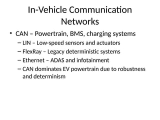In-Vehicle Communication
Networks
• CAN – Powertrain, BMS, charging systems
– LIN – Low-speed sensors and actuators
– FlexRay – Legacy deterministic systems
– Ethernet – ADAS and infotainment
– CAN dominates EV powertrain due to robustness
and determinism
 
