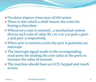 The above diagram shows basic ACVM system
There is into which a child inserts the coins for
buying a chocolate.
Whenever a coin is inserted , a mechanical system
directs each coin of value Rs 1 or 2 or 5 to port-1,port-
2 and port-5 respectively.
When port is receives a coin the port is generates an
interrupt.
The interrupt signal sends to the corresponding
read-ports for reading the coin value at the ports to
increase the value of amount.
The machine should have an LCD, keypad and touch
screen.
12/28/2014 6J.SUDARSHAN REDDY
 