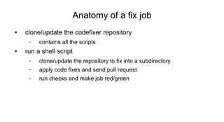 Anatomy of a fix job
● clone/update the codefixer repository
– contains all the scripts
● run a shell script
– clone/update the repository to fix into a subdirectory
– apply code fixes and send pull request
– run checks and make job red/green
 