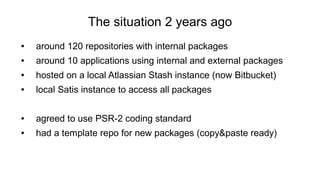 The situation 2 years ago
● around 120 repositories with internal packages
● around 10 applications using internal and external packages
● hosted on a local Atlassian Stash instance (now Bitbucket)
● local Satis instance to access all packages
● agreed to use PSR-2 coding standard
● had a template repo for new packages (copy&paste ready)
 