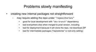 Problems slowly manifesting
● creating new internal packages not straightforward
– may require adding the repo under "repositories"
● good for local development with "dev-branch" dependency
● bad everywhere else when merged to prod version, including
● bad for deployment because it will clone the repo, not download ZIP
● bad for intermediate packages ("repositories" is root-only setting)
 