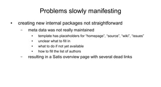 Problems slowly manifesting
● creating new internal packages not straightforward
– meta data was not really maintained
● template has placeholders for “homepage”, “source”, “wiki”, “issues”
● unclear what to fill in
● what to do if not yet available
● how to fill the list of authors
– resulting in a Satis overview page with several dead links
 