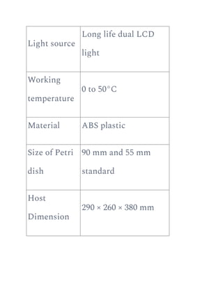 Light source
Long life dual LCD
light
Working
temperature
0 to 50°C
Material ABS plastic
Size of Petri
dish
90 mm and 55 mm
standard
Host
Dimension
290 × 260 × 380 mm
 