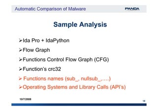 Sample AnalysisSample Analysis
Ida Pro + IdaPython
Flow Graph
18
10/7/2008
Functions Control Flow Graph (CFG)
Function’s crc32
Operating Systems and Library Calls (API’s)
Functions names (sub_, nullsub_,….)
 