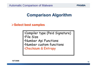 Comparison AlgorithmComparison Algorithm
Select best samples
•Compiler type (Peid Signature)
19
10/7/2008
•Compiler type (Peid Signature)
•File Size
•Number Api Functions
•Number custom functions
•Checksum & Entropy
 