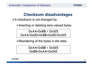 Checksum disadvantagesChecksum disadvantages
A checksum is not changed by:A checksum is not changed by:
Inserting or deleting zeroInserting or deleting zero--valued bytesvalued bytes
0xAA+0xBB = 0x165
0xAA+0x00+0xBB+0x00=0x165
23
10/7/2008
Reordering of the bytes in the data.Reordering of the bytes in the data.
0xAA+0xBB = 0x165
0xAA+0x00+0xBB+0x00=0x165
0xAA+0xBB = 0x165
0xBB+0xAA=0x165
 