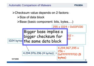 Checksum value depends on 2 factorsChecksum value depends on 2 factors::
Size of data blockSize of data block
Base (basic component: bits, bytes,…)Base (basic component: bits, bytes,…)
256 (1 byte)
255 x 1024 = 0x03FC00
(3 bytes)
Bigger base implies a
25
10/7/2008
1024 bytes
256 (1 byte)
65.536 (2 bytes)
4.294.976.296 (4 bytes)
4,294,967,295 x
256 =
0xFFFFFFFF00 (5
bytes)
65,535 x 512 =
0x01FFFE00
(4 bytes)
Bigger base implies a
bigger checksum for
the same data block
 