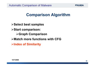 Comparison AlgorithmComparison Algorithm
Select best samples
Start comparison:
Graph Comparison
49
10/7/2008
Graph Comparison
Match more functions with CFG
Index of Similarity
 