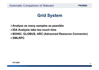 Grid SystemGrid System
Analyse as many samples as possibleAnalyse as many samples as possible
IDA Analysis take too much timeIDA Analysis take too much time
BOINC, GLOBUS, ARC (Advanced Resource Connector)BOINC, GLOBUS, ARC (Advanced Resource Connector)
6
10/7/2008
BOINC, GLOBUS, ARC (Advanced Resource Connector)BOINC, GLOBUS, ARC (Advanced Resource Connector)
XMLRPCXMLRPC
 