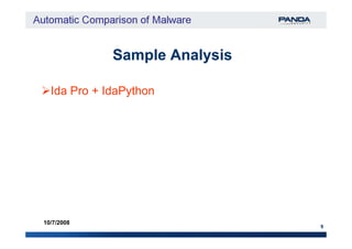 Sample AnalysisSample Analysis
Ida Pro + IdaPython
9
10/7/2008
 