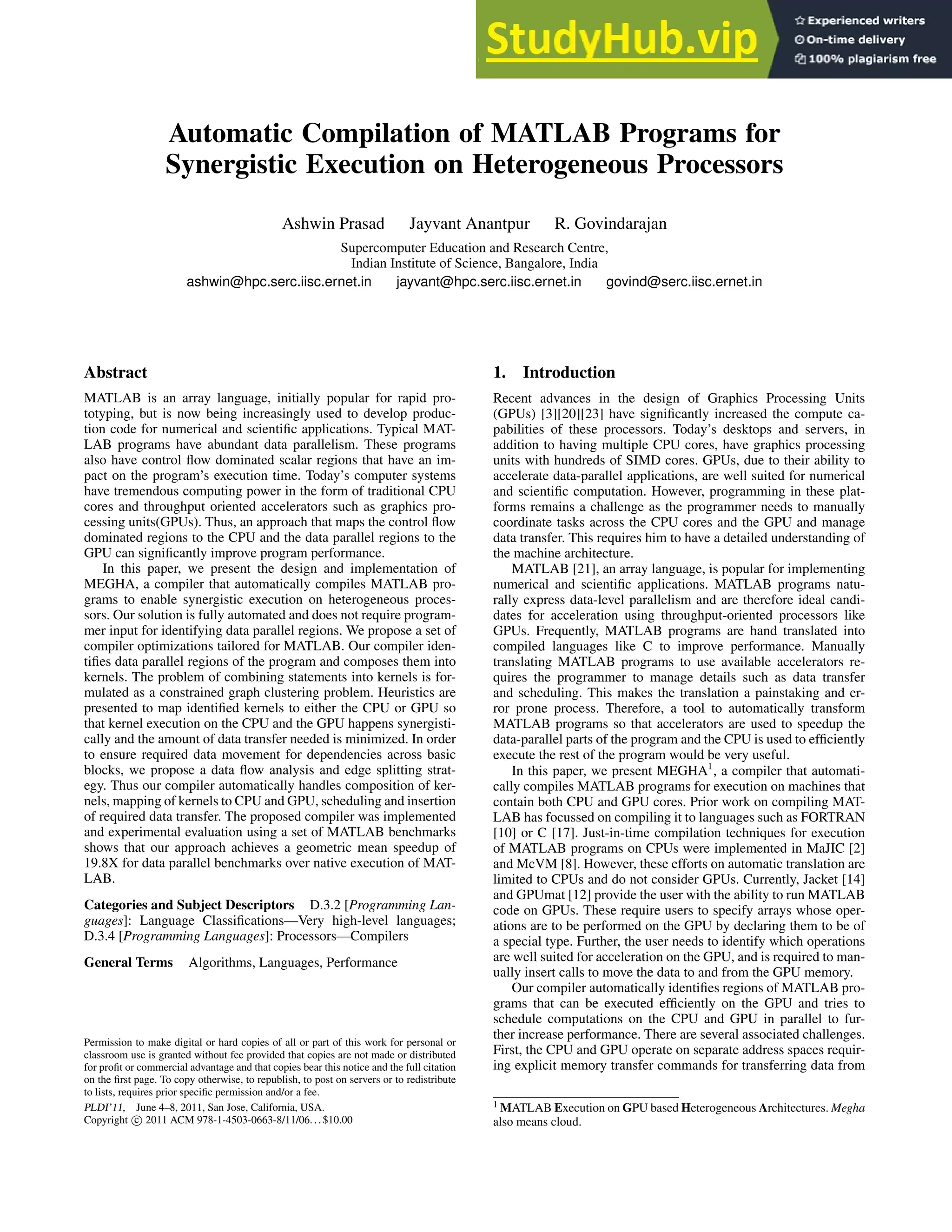 Automatic Compilation Of MATLAB Programs For Synergistic Execution On ...