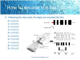 How to decode the bar? (cont..)
 Following the start code, the digits are encoded like this:
  0 = 3-2-1-1
  1 = 2-2-2-1
  2 = 2-1-2-2
  3 = 1-4-1-1
  4 = 1-1-3-2
  5 = 1-2-3-1
  6 = 1-1-1-4
  7 = 1-3-1-2
  8 = 1-2-1-3
  9 = 3-1-1-2


                           © lavakush2oct.kiit@gmail.com
 