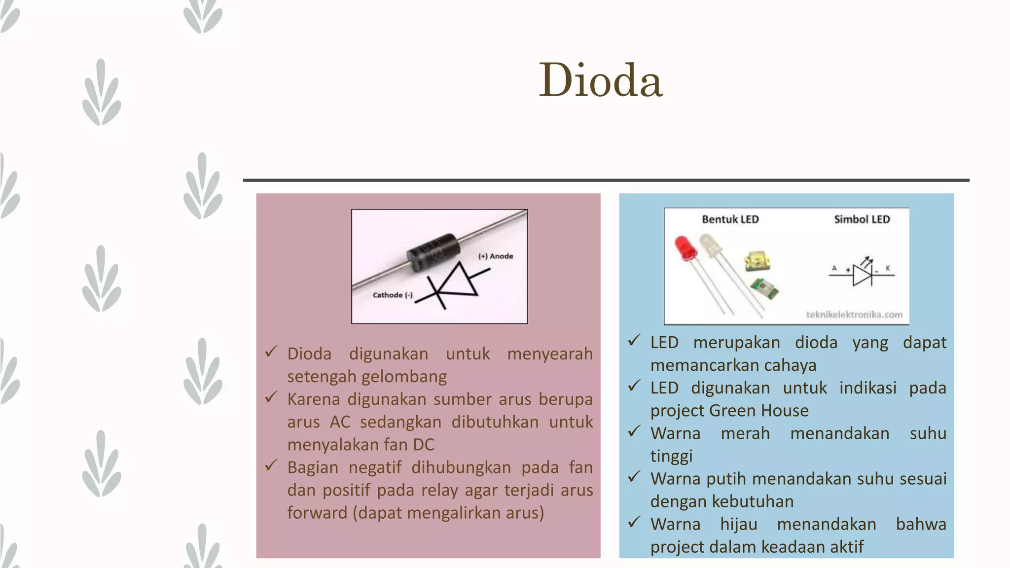 Dioda  LED merupakan dioda yang dapat memancarkan cahaya  LED digunakan untuk indikasi pada project Green House  Warna merah menandakan suhu tinggi  Warna putih menandakan suhu sesuai dengan kebutuhan  Warna hijau menandakan bahwa project dalam keadaan aktif  Dioda digunakan untuk menyearah setengah gelombang  Karena digunakan sumber arus berupa arus AC sedangkan dibutuhkan untuk menyalakan fan DC  Bagian negatif dihubungkan pada fan dan positif pada relay agar terjadi arus forward (dapat mengalirkan arus) 