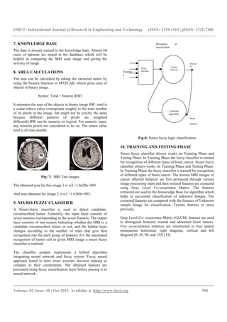 IJRET: International Journal of Research in Engineering and Technology eISSN: 2319-1163 | pISSN: 2321-7308
__________________________________________________________________________________________
Volume: 02 Issue: 10 | Oct-2013, Available @ http://www.ijret.org 590
7. KNOWLEDGE BASE
The data is already trained in the knowledge base. Almost 60
cases of patients are stored in the database; which will be
helpful in comparing the MRI scan image and giving the
severity of image
8. AREA CALCULATIONS
The area can be calculated by taking the extracted tumor by
using the bwarea function in MATLAB, which gives area of
objects in binary image.
Syntax: Total = bwarea (BW)
It estimates the area of the objects in binary image BW. total is
a scalar whose value corresponds roughly to the total number
of on pixels in the image, but might not be exactly the same
because different patterns of pixels are weighted
differently.BW can be numeric or logical. For numeric input,
any nonzero pixels are considered to be on. The return value
total is of class double.
Fig- 7: MRI Test images
The obtained area for this image 1 is w2 =1.6620e+003.
And area obtained for image 2 is w2 =1.6360e+003.
9. NEURO-FUZZY CLASSIFIER
A Neuro-fuzzy classifier is used to detect candidate-
circumscribed tumor. Generally, the input layer consists of
seven neurons corresponding to the seven features. The output
layer consists of one neuron indicating whether the MRI is a
candidate circumscribed tumor or not, and the hidden layer
changes according to the number of rules that give best
recognition rate for each group of features. For the automated
recognition of tumor cell in given MRI image a neuro fuzzy
classifier is realized.
The classifier module implements a hybrid algorithm
integrating neural network and fuzzy system. Fuzzy neural
approach found to have more accurate decision making as
compare to their counterparts. The obtained features are
processed using fuzzy classification layer before passing it to
neural network.
Fig-8: Neuro fuzzy logic classification
10. TRAINING AND TESTING PHASE
Neuro fuzzy classifier always works on Training Phase and
Testing Phase. In Training Phase the fuzzy classifier is trained
for recognition of different types of brain cancer. Neuro fuzzy
classifier always works on Training Phase and Testing Phase.
In Training Phase the fuzzy classifier is trained for recognition
of different types of brain cancer. The known MRI images of
cancer affected Subjects are first processed through various
image processing steps and then textural features are extracted
using Gray Level Co-occurrence Matrix. The features
extracted are used in the Knowledge Base for algorithm which
helps in successful classification of unknown Images. The
extracted features are compared with the features of Unknown
sample Image for classification. Texture features or more
precisely,
Gray Level Co- occurrence Matrix (GLCM) features are used
to distinguish between normal and abnormal brain tumors.
Five co-occurrence matrices are constructed in four spatial
orientations horizontal, right diagonal, vertical and left
diagonal (0, 45, 90, and 135) [13].
Feature
s
Fuzzy
Interface
Learning
algorithm
Neural
Network
Perception of
neural inputs
Decisio
ns
Nural
Outputs
 