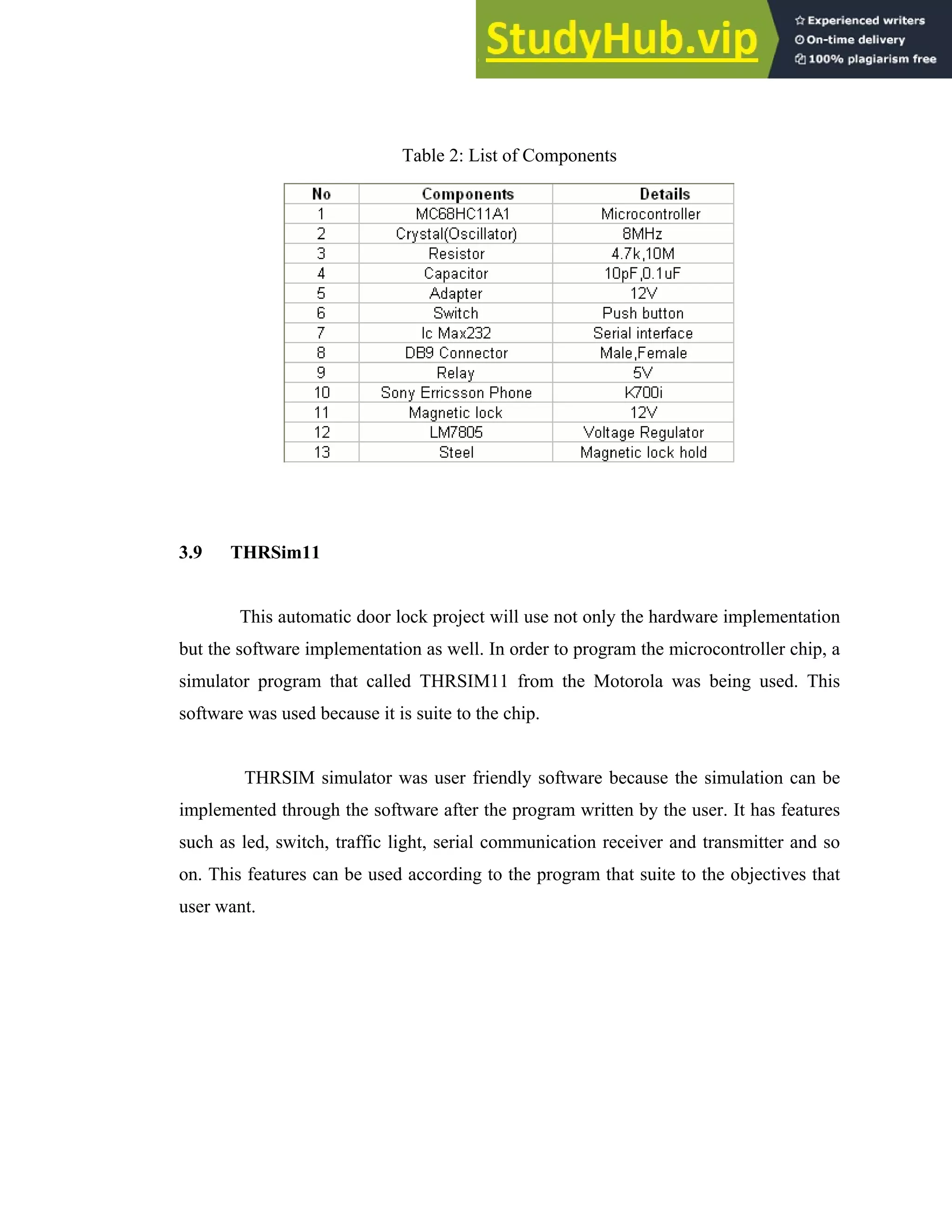 28
Table 2: List of Components
3.9 THRSim11
This automatic door lock project will use not only the hardware implementation
but the software implementation as well. In order to program the microcontroller chip, a
simulator program that called THRSIM11 from the Motorola was being used. This
software was used because it is suite to the chip.
THRSIM simulator was user friendly software because the simulation can be
implemented through the software after the program written by the user. It has features
such as led, switch, traffic light, serial communication receiver and transmitter and so
on. This features can be used according to the program that suite to the objectives that
user want.
 
