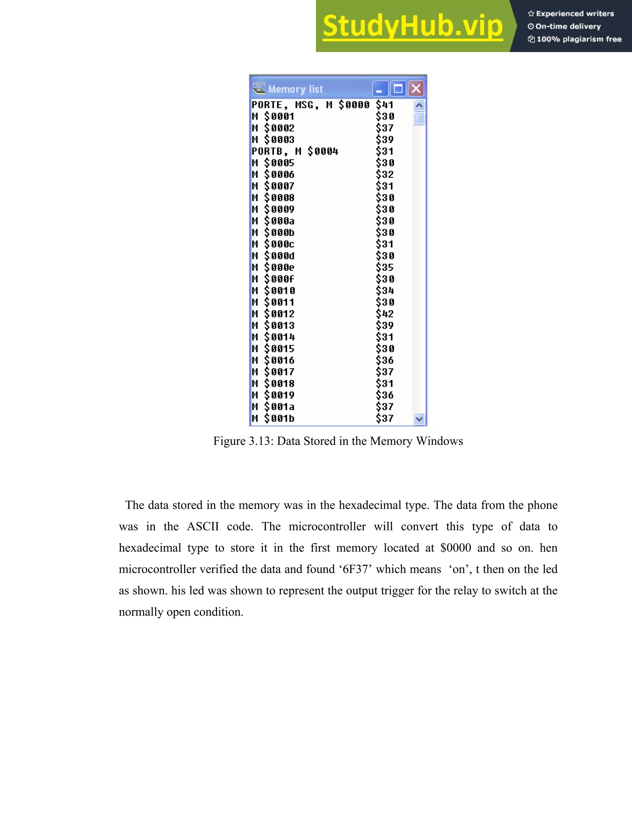 31
Figure 3.13: Data Stored in the Memory Windows
The data stored in the memory was in the hexadecimal type. The data from the phone
was in the ASCII code. The microcontroller will convert this type of data to
hexadecimal type to store it in the first memory located at $0000 and so on. hen
microcontroller verified the data and found ‘6F37’ which means ‘on’, t then on the led
as shown. his led was shown to represent the output trigger for the relay to switch at the
normally open condition.
 