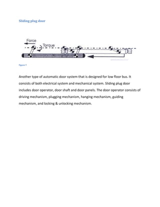 Sliding plug door




Figure 7




Another type of automatic door system that is designed for low floor bus. It
consists of both electrical system and mechanical system. Sliding plug door
includes door operator, door shaft and door panels. The door operator consists of
driving mechanism, plugging mechanism, hanging mechanism, guiding
mechanism, and locking & unlocking mechanism.
 