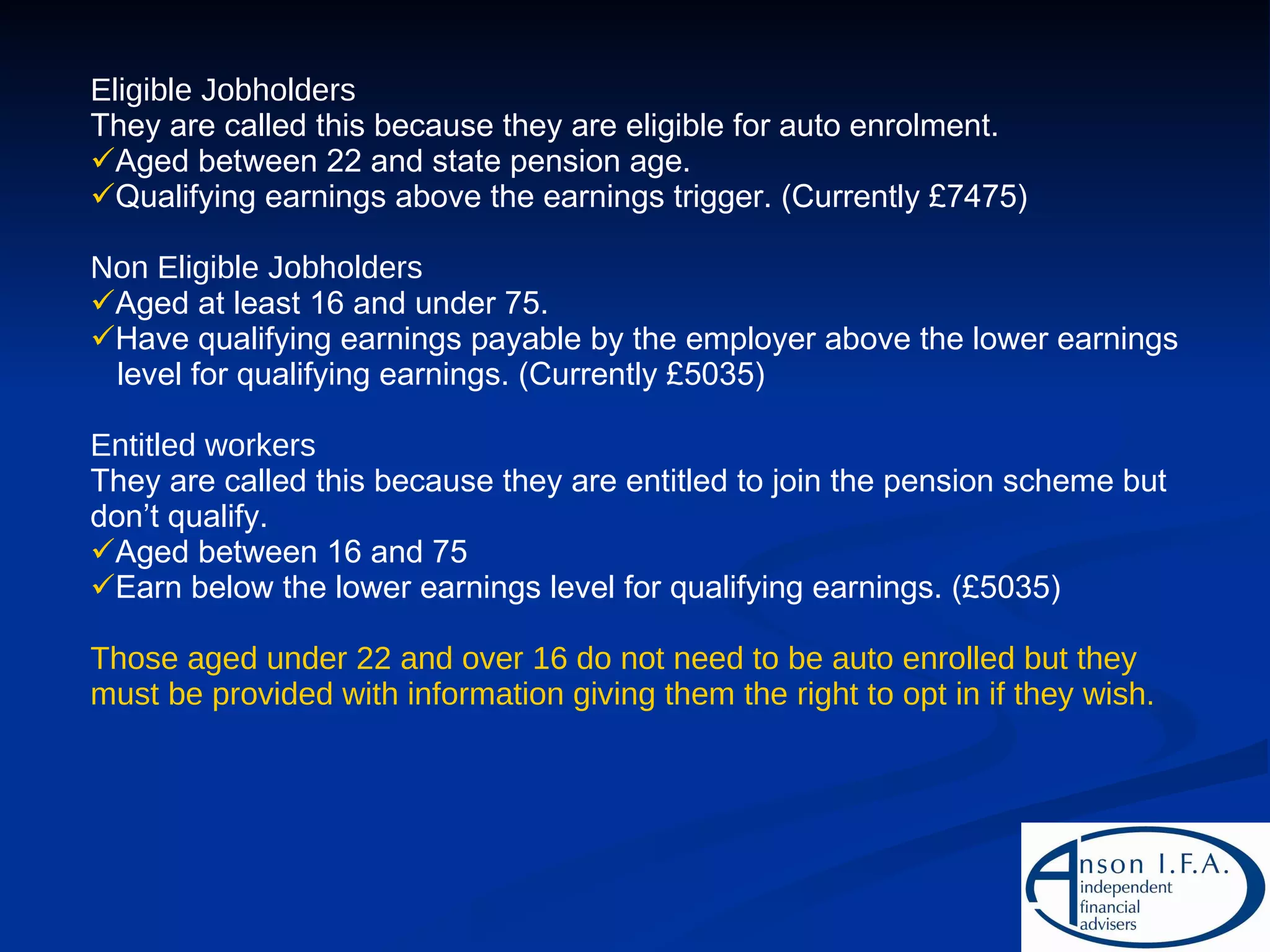 Eligible Jobholders They are called this because they are eligible for auto enrolment. Aged between 22 and state pension age. Qualifying earnings above the earnings trigger. (Currently £7475) Non Eligible Jobholders Aged at least 16 and under 75. Have qualifying earnings payable by the employer above the lower earnings level for qualifying earnings. (Currently £5035) Entitled workers They are called this because they are entitled to join the pension scheme but don’t qualify. Aged between 16 and 75 Earn below the lower earnings level for qualifying earnings. (£5035) Those aged under 22 and over 16 do not need to be auto enrolled but they must be provided with information giving them the right to opt in if they wish. 