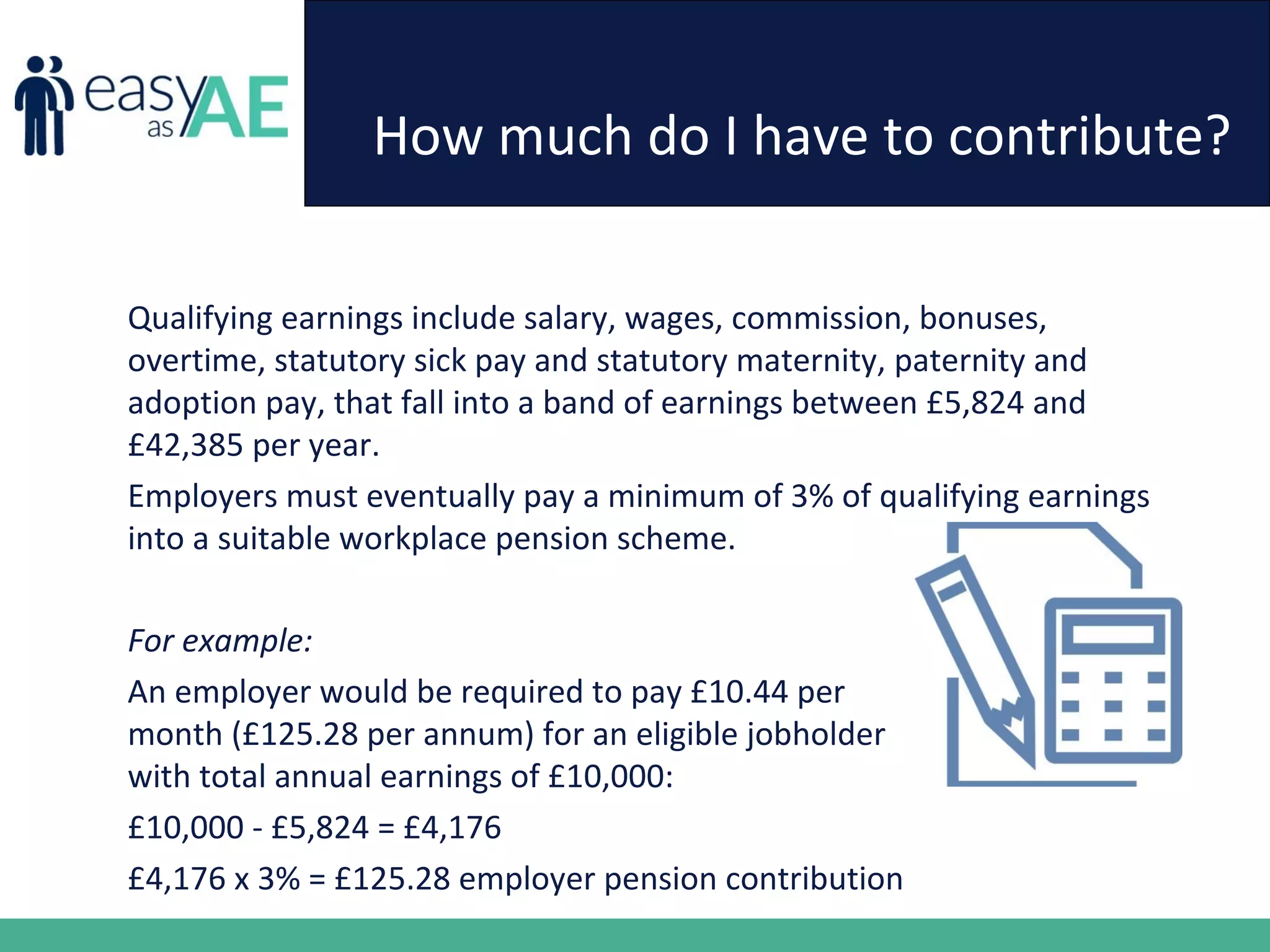 How much do I have to contribute?
Qualifying earnings include salary, wages, commission, bonuses,
overtime, statutory sick pay and statutory maternity, paternity and
adoption pay, that fall into a band of earnings between £5,824 and
£42,385 per year.
Employers must eventually pay a minimum of 3% of qualifying earnings
into a suitable workplace pension scheme.
For example:
An employer would be required to pay £10.44 per
month (£125.28 per annum) for an eligible jobholder
with total annual earnings of £10,000:
£10,000 - £5,824 = £4,176
£4,176 x 3% = £125.28 employer pension contribution
 