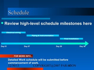 Schedule
 Review

high-level schedule milestones here

Electrical wiring
Piping & Instrumentation
Final Installation

Day 01

Day 07

Day 20

FOR MORE INFO...

Detailed Work schedule will be submitted before
commencement of work.

12/30/13

COPYRIGHT@2007 PARAGON
15

Day 30

 