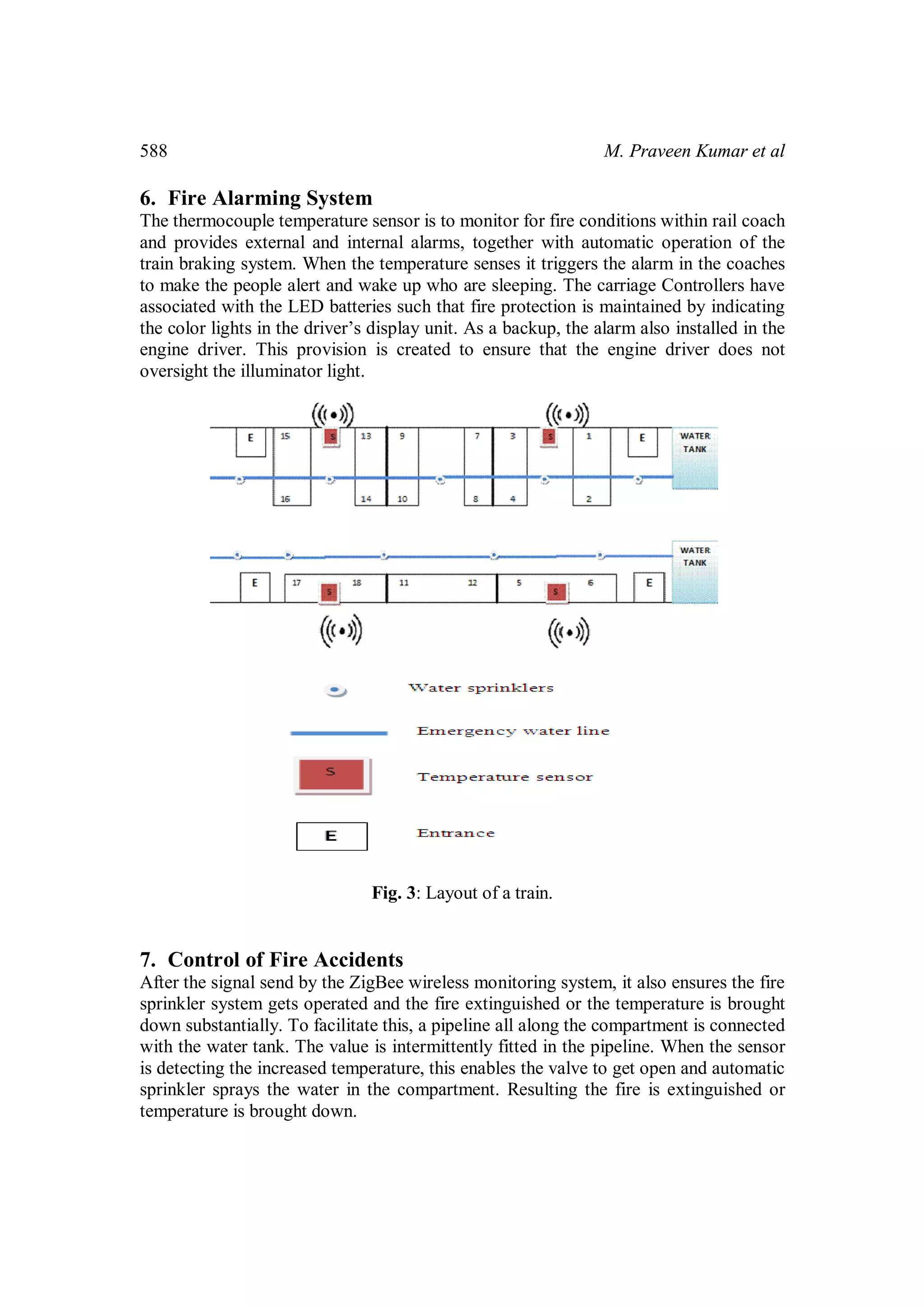 588

M. Praveen Kumar et al

6. Fire Alarming System
The thermocouple temperature sensor is to monitor for fire conditions within rail coach
and provides external and internal alarms, together with automatic operation of the
train braking system. When the temperature senses it triggers the alarm in the coaches
to make the people alert and wake up who are sleeping. The carriage Controllers have
associated with the LED batteries such that fire protection is maintained by indicating
the color lights in the driver’s display unit. As a backup, the alarm also installed in the
engine driver. This provision is created to ensure that the engine driver does not
oversight the illuminator light.

Fig. 3: Layout of a train.

7. Control of Fire Accidents
After the signal send by the ZigBee wireless monitoring system, it also ensures the fire
sprinkler system gets operated and the fire extinguished or the temperature is brought
down substantially. To facilitate this, a pipeline all along the compartment is connected
with the water tank. The value is intermittently fitted in the pipeline. When the sensor
is detecting the increased temperature, this enables the valve to get open and automatic
sprinkler sprays the water in the compartment. Resulting the fire is extinguished or
temperature is brought down.

 