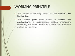 WORKING PRINCIPLE
 This model is basically based on the Scotch Yoke
Mechanism.
 The Scotch yoke (also known as slotted link
mechanism)is a reciprocating motion mechanism,
converting the linear motion of a slider into rotational
motion, or vice versa.
 