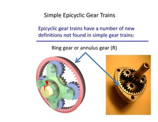 Simple Epicyclic Gear Trains
Epicyclic gear trains have a number of new
definitions not found in simple gear trains:
Ring gear or annulus gear (R)
 