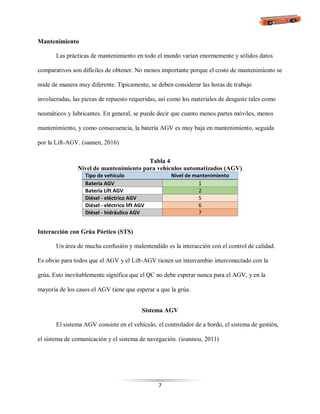 7
Mantenimiento
Las prácticas de mantenimiento en todo el mundo varían enormemente y sólidos datos
comparativos son difíciles de obtener. No menos importante porque el costo de mantenimiento se
mide de manera muy diferente. Típicamente, se deben considerar las horas de trabajo
involucradas, las piezas de repuesto requeridas, así como los materiales de desgaste tales como
neumáticos y lubricantes. En general, se puede decir que cuanto menos partes móviles, menos
mantenimiento, y como consecuencia, la batería AGV es muy baja en mantenimiento, seguida
por la Lift-AGV. (saanen, 2016)
Tabla 4
Nivel de mantenimiento para vehículos automatizados (AGV)
Tipo de vehículo Nivel de mantenimiento
Batería AGV 1
Batería Lift AGV 2
Diésel - eléctrico AGV 5
Diésel - eléctrico lift AGV 6
Diésel - hidráulico AGV 7
Interacción con Grúa Pórtico (STS)
Un área de mucha confusión y malentendido es la interacción con el control de calidad.
Es obvio para todos que el AGV y el Lift-AGV tienen un intercambio interconectado con la
grúa, Esto inevitablemente significa que el QC no debe esperar nunca para el AGV, y en la
mayoría de los casos el AGV tiene que esperar a que la grúa.
Sistema AGV
El sistema AGV consiste en el vehículo, el controlador de a bordo, el sistema de gestión,
el sistema de comunicación y el sistema de navegación. (ioannou, 2011)
 