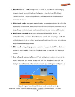 8
 El controlador de a bordo es responsable de iniciar los procedimientos de arranque y
apagado. Maneja la propulsión, dirección, frenado, y otras funciones del vehículo.
También supervisa y detecta cualquier error y emite los comandos necesarios para la
corrección de errores.
 El sistema de gestión se ocupa de la planificación, programación y control de tráfico. Es
responsable de optimizar la utilización del vehículo, dando órdenes de transporte como el
despacho y el enrutamiento, y el seguimiento del material en el entorno de fabricación.
 El sistema de comunicación se utiliza para transmitir datos desde el AGV a un
controlador central y viceversa. Esta información consiste en la posición y el estado del
vehículo, la posición de los trabajos actualmente asignados y posiblemente la posición de
los próximos trabajos programados.
 El sistema de navegación proporciona orientación y navegación al AGV en el entorno
operativo. La orientación y la navegación podría basarse en una trayectoria fija o libre
camino.
 En el enfoque de trayectoria fija, el AGV está restringido a seguir una trayectoria fija y
no hay flexibilidad para cambiar la trayectoria guía. Los ejemplos de trayectoria fija
incluyen vías de ferrocarril, cables incrustados u otro tipo carriles guías (ver Figura 2.1).
Figura 5. Esquema de un sistema AGV básico usando un método de ruta fija
Fuente: P.A. Ioannou. Advanced Material Handling: Automated Guided Vehicles in Agile Ports
 
