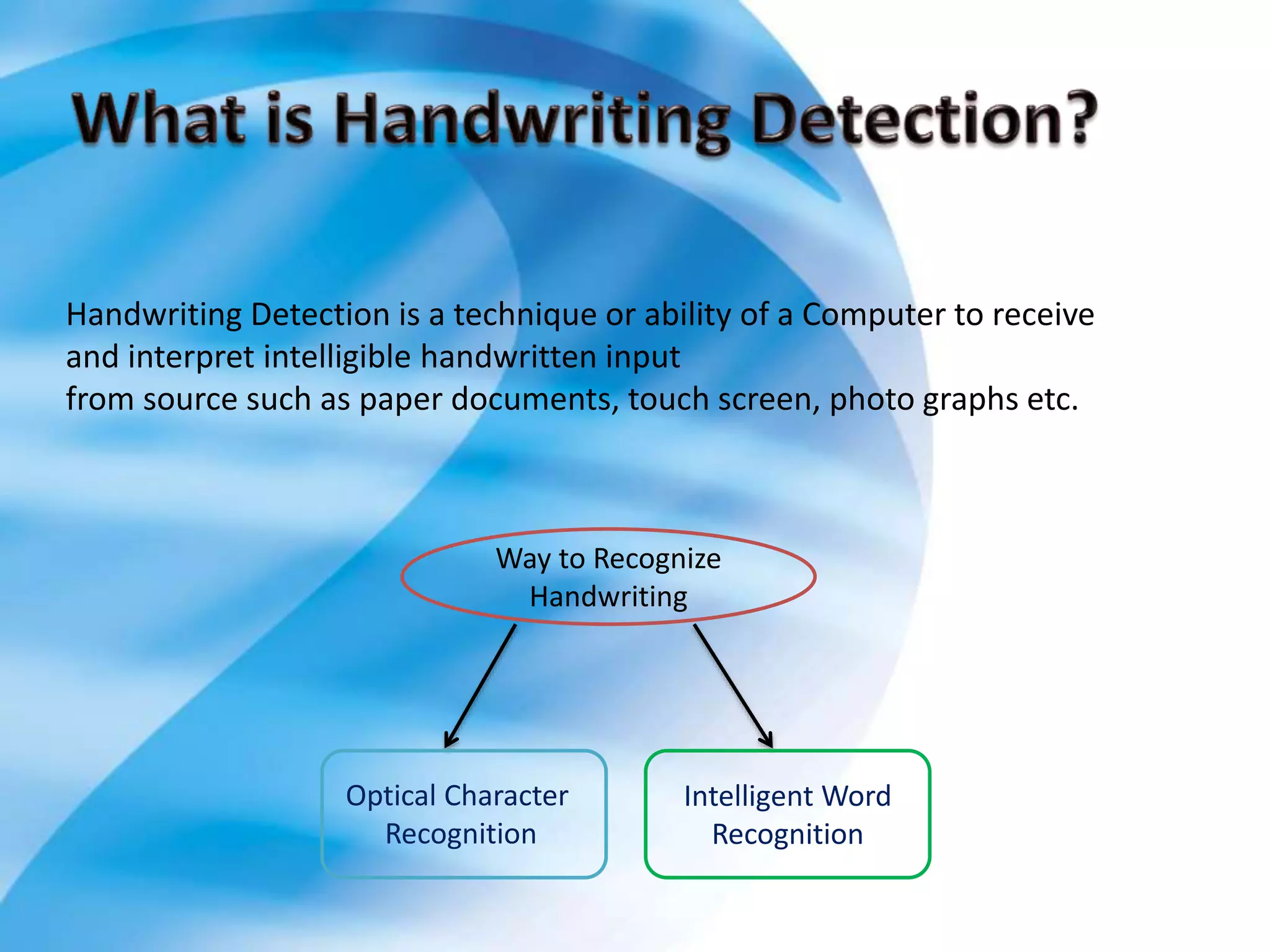 Handwriting Detection is a technique or ability of a Computer to receive
and interpret intelligible handwritten input
from source such as paper documents, touch screen, photo graphs etc.
Way to Recognize
Handwriting
Intelligent Word
Recognition
Optical Character
Recognition
 