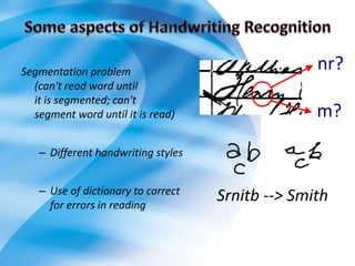 Segmentation problem
(can't read word until
it is segmented; can't
segment word until it is read)
– Different handwriting styles
– Use of dictionary to correct
for errors in reading
nr?
m?
Srnitb --> Smith
 