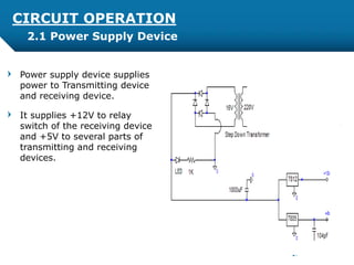 Power supply device supplies
power to Transmitting device
and receiving device.
It supplies +12V to relay
switch of the receiving device
and +5V to several parts of
transmitting and receiving
devices.
2.1 Power Supply Device
CIRCUIT OPERATION
 