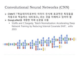 Convolutional Neural Networks (CNN)
 CNN이 「학습데이터로부터 이미지 인식에 효과적인 특징들을
자동으로 학습하는 네트워크」 라는 것을 이해하고 있어야 함
 GoogLeNet을 개량한 아래 논문을 사용
 S.Ioffe and C.Szegedy, “Batch Normalization: Accelerating Deep
Network Training by Reducing Internal Covariate Shift”, arXiv
2015
 