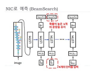 확률이 높은 k개
의 문장을 유지
K개의단어를입력
NIC로 예측 (BeamSearch)
 