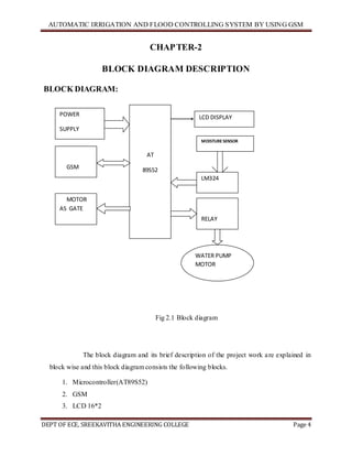 AUTOMATIC IRRIGATION AND FLOOD CONTROLLING SYSTEM BY USING GSM
DEPT OF ECE, SREEKAVITHA ENGINEERING COLLEGE Page 4
CHAPTER-2
BLOCK DIAGRAM DESCRIPTION
BLOCK DIAGRAM:
Fig 2.1 Block diagram
The block diagram and its brief description of the project work are explained in
block wise and this block diagram consists the following blocks.
1. Microcontroller(AT89S52)
2. GSM
3. LCD 16*2
POWER
SUPPLY
LM324
RELAY
WATER PUMP
MOTOR
MOISTURESENSOR
ATPLANTROOTS
LCD DISPLAY
AT
89S52
MOTOR
AS GATE
GSM
 