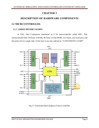 AUTOMATIC IRRIGATION AND FLOOD CONTROLLING SYSTEM BY USING GSM
DEPT OF ECE, SREEKAVITHA ENGINEERING COLLEGE Page 6
CHAPTER 3
DESCRIPTION OF HARDWARE COMPONENTS
3.1 MICRO CONTROLLER:
3.1.1 A BRIEF HISTORY OF 8051:
In 1981, Intel Corporation introduced an 8 bit microcontroller called 8051. This
microcontroller had 128 bytes of RAM, 4K bytes of chip ROM, two timers, one serial port, and
four ports all on a single chip. At the time it was also referred as ―A SYSTEM ON A CHIP‖.
Fig 3.1 Functional block diagram of micro controller
 