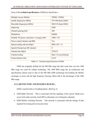 AUTOMATIC IRRIGATION AND FLOOD CONTROLLING SYSTEM BY USING GSM
DEPT OF ECE, SREEKAVITHA ENGINEERING COLLEGE Page 25
Some of the technical specifications of GSM are listed below –
Multiple Access Method TDMA / FDMA
Uplink frequencies (MHz) 933-960 (basic GSM)
Downlink frequencies (MHz) 890-915 (basic GSM)
Duplexing FDD
Channel spacing, kHz 200
Modulation GMSK
Portable TX power, maximum / average (mW) 1000 / 125
Power control, handset and BSS Yes
Speech coding and rate (kbps) RPE-LTP / 13
Speech Channels per RF channel: 8
Channel rate (kbps) 270.833
Channel coding Rate 1/2 convolutional
Frame duration (ms) 4.615
Table 3.1: Technical specifications of GSM
GSM was originally defined for the 900 Mhz range but after some time even the 1800
Mhz range was used for cellular technology. The 1800 MHz range has its architecture and
specifications almost same to that of the 900 Mhz GSM technology but building the Mobile
exchanges is easier and the high frequency Synergy effects add to the advantages of the 1800
Mhz range.
3.3.2 ARCITECTURE AND BUILDIGN BLOCKS :
GSM is mainly built on 3 building blocks. (Ref Fig. 2)
 GSM Radio Network – This is concerned with the signaling of the system. Hand-overs
occur in the radio network. Each BTS is allocated a set of frequency channels.
 GSM Mobile switching Network – This network is concerned with the storage of data
required for routing and service provision.
 