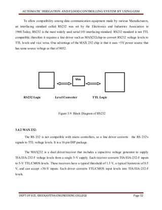 AUTOMATIC IRRIGATION AND FLOOD CONTROLLING SYSTEM BY USING GSM
DEPT OF ECE, SREEKAVITHA ENGINEERING COLLEGE Page 32
To allow compatibility among data communication equipment made by various Manufacturers,
an interfacing standard called RS232 was set by the Electronics and Industries Association in
1960.Today, RS232 is the most widely used serial I/O interfacing standard. RS232 standard is not TTL
compatible; therefore it requires a line driver such as MAX232chip to convert RS232 voltage levels to
TTL levels and vice versa. One advantage of the MAX 232 chip is that it uses +5V power source that
has same source voltage as that of 8052.
RS232 Logic Level Converter TTL Logic
Figure 3.9: Block Diagram of RS232
3.4.2 MAX 232:
The RS 232 is not compatible with micro controllers, so a line driver converts the RS 232's
signals to TTL voltage levels. It is a 16 pin DIP package.
The MAX232 is a dual driver/receiver that includes a capacitive voltage generator to supply
TIA/EIA-232-F voltage levels from a single 5-V supply. Each receiver converts TIA/EIA-232-F inputs
to 5-V TTL/CMOS levels. These receivers have a typical threshold of 1.3 V, a typical hysteresis of 0.5
V, and can accept ±30-V inputs. Each driver converts TTL/CMOS input levels into TIA/EIA-232-F
levels.
S
y
s
t
e
m
Max
232
89C
5
1
 