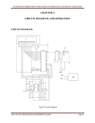 AUTOMATIC IRRIGATION AND FLOOD CONTROLLING SYSTEM BY USING GSM
DEPT OF ECE, SREEKAVITHA ENGINEERING COLLEGE Page 57
CHAPTER 4
CIRCUIT DIAGRAM AND OPERATION
CIRCUIT DIAGRAM:
Fig 4.1 Circuit Diagram
 