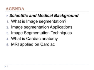 AGENDA
 Scientific and Medical Background
1. What is Image segmentation?
2. Image segmentation Applications
3. Image Segmentation Techniques
4. What is Cardiac anatomy
5. MRI applied on Cardiac
2
 