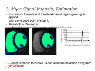 3. Myoc Signal Intensity Estimation.
 Successive lower-bound threshold-based region-growing is
applied.
with same seed point of step 1.
 Threshold = LVmean /i
 Start at i =1 then i increments by 0.1 each iteration.
 Sudden increase threshold is one standard deviation away from
MYOCmean30
 